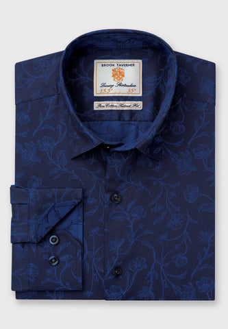 Blue Foliage Jacquard Cotton Shirt