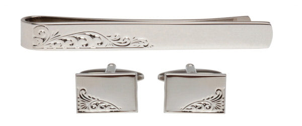 Engraved Leaf Design Cufflink and Tie Slide Set