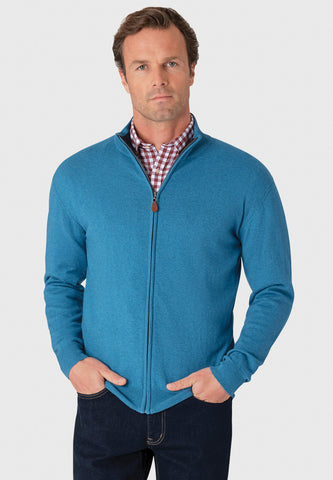 Somerset Sea Blue 12 Gauge Luxury Cotton Merino Zip Through Cardigan